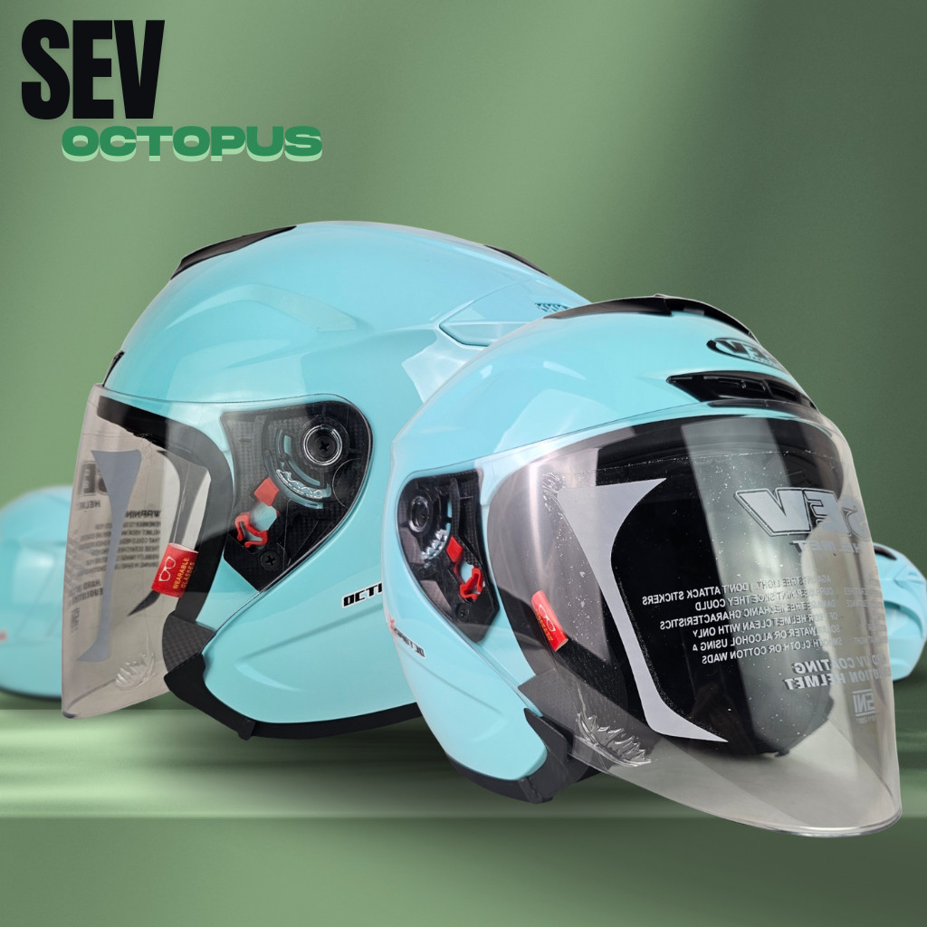 Helm Sev Octopus Easy Green Glossy Original SNI DOT - Helm Half Face Flat Visor Dewasa Hijau Mint