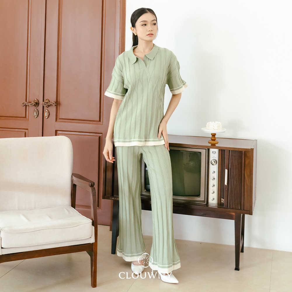 Clouwny Aureli Collar Knit Set Setelan Lengan Pendek Wanita Simple Classy Premium Knit Korean Look F