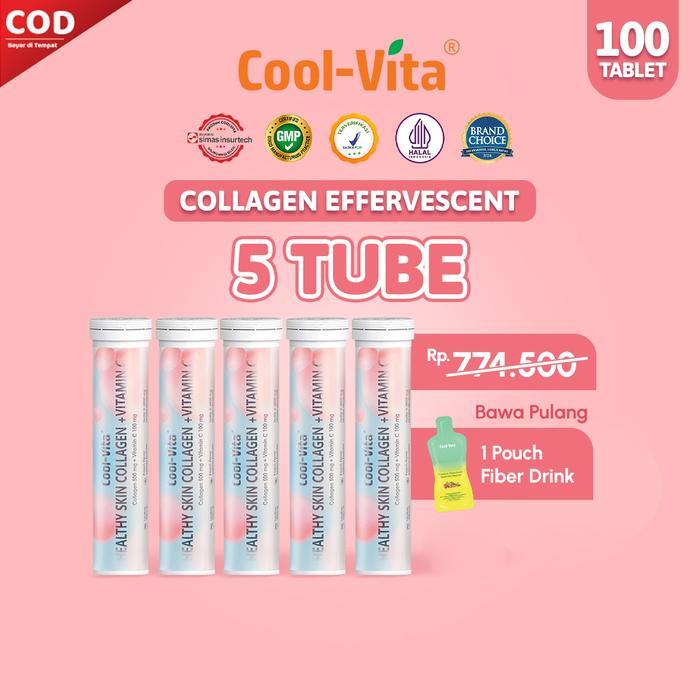[A] Cool-Vita 100 Tablet 5 Tube Collagen Effervescent Rasa Peach Mengandung 500mg Fish Collagen dan 