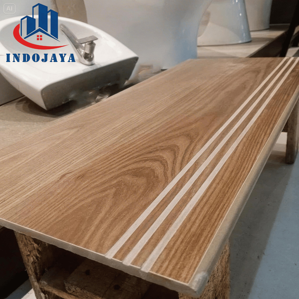 Granit Tangga Motif Kayu 30x80 30x90 Custom Ukuran Stepnosing Keramik Tangga Serat Kayu Rapi