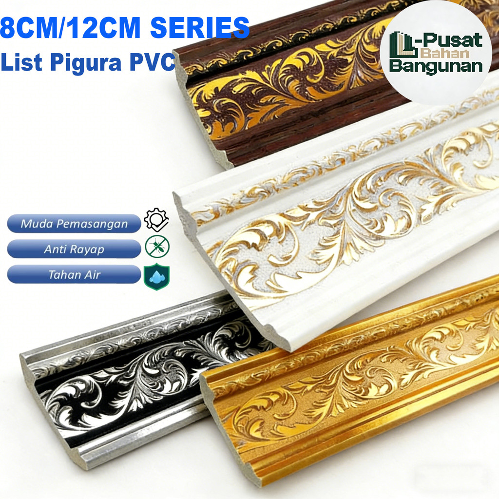 List Plafon Pvc 2 Meter Lis Pigura Dinding Dekorasi PVC Plafon Anti Air Anti Rayap 8-12cm Series