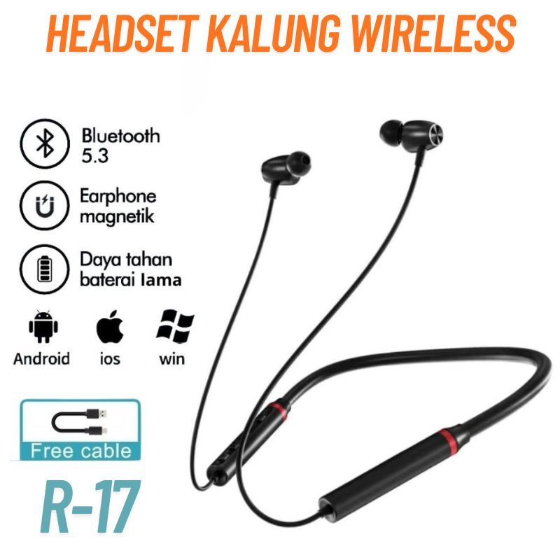 Headset Leher Sport Bluetooth Wireless R-17 Earphone Nyaman Sport Universal Headset Neck