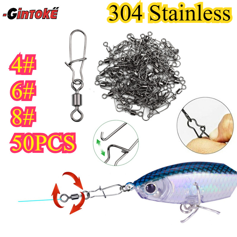 50PCS/Set 4# 6# 8# Double Rolling Swivel Konektor / Snap Kilikili Pancing/ Swivel Konektor Umpan Pan