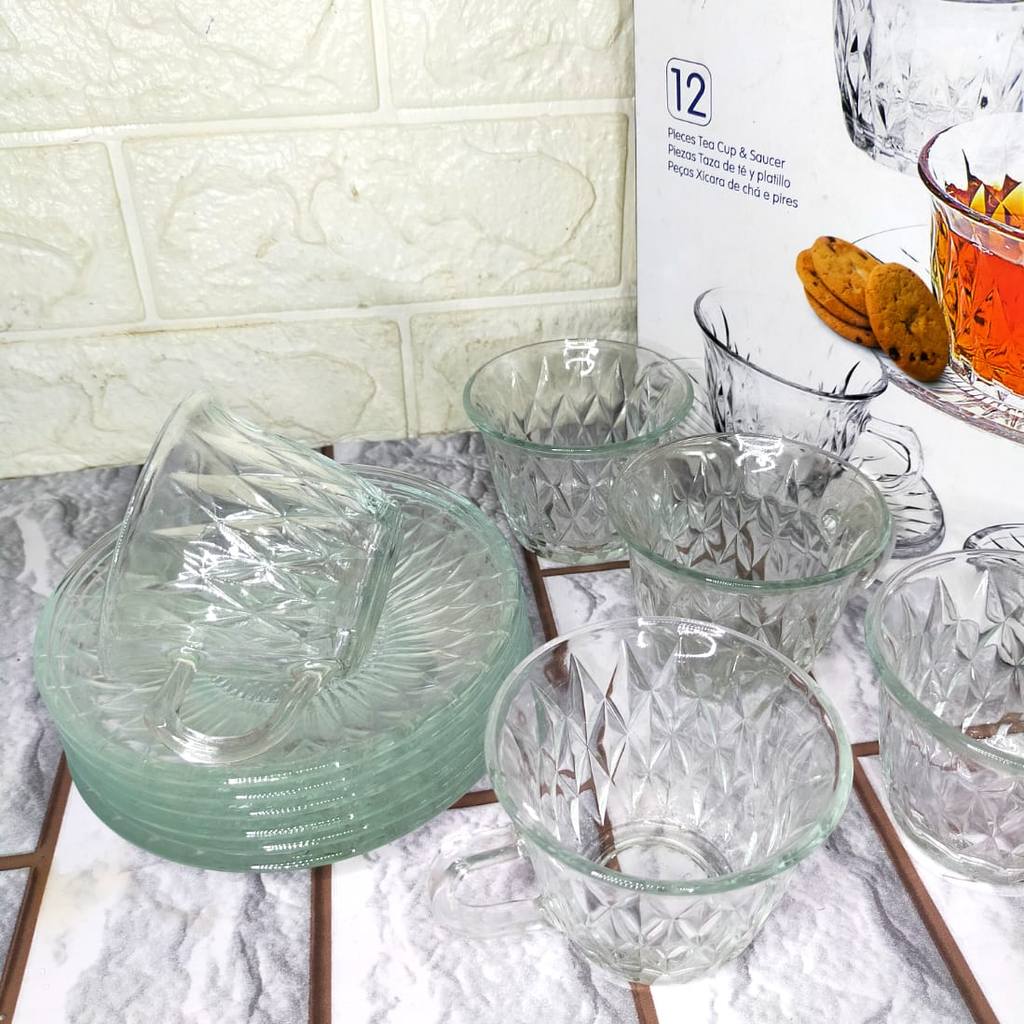 1 SET ISI 6 PCS CANGKIR MOTIF DIAMOND DAN TATAKAN - CANGKIR TEH - GELAS KACA DAN PIRING - CUP GLASS 