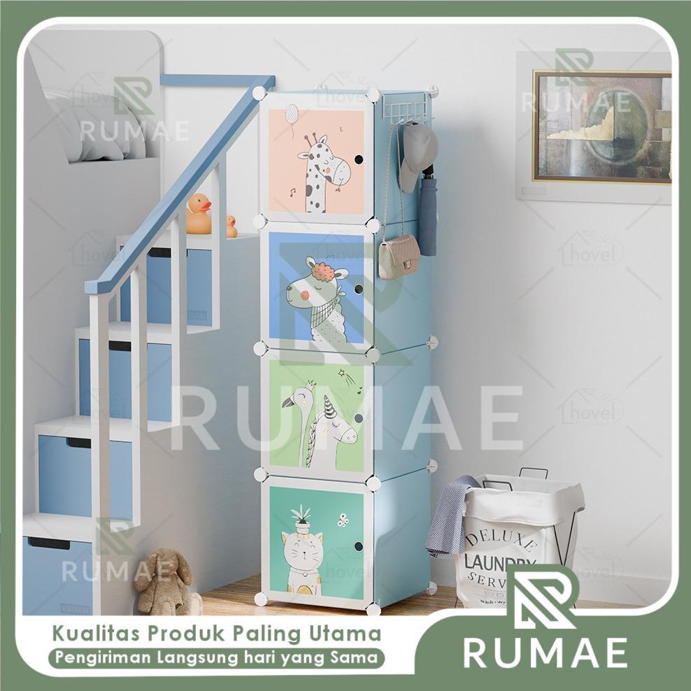 RUMAE Lemari Pakaian Anak 4 Susun Rak Baju Plastik Portable Organizer Penyimpanan Baju Mainan Serbag