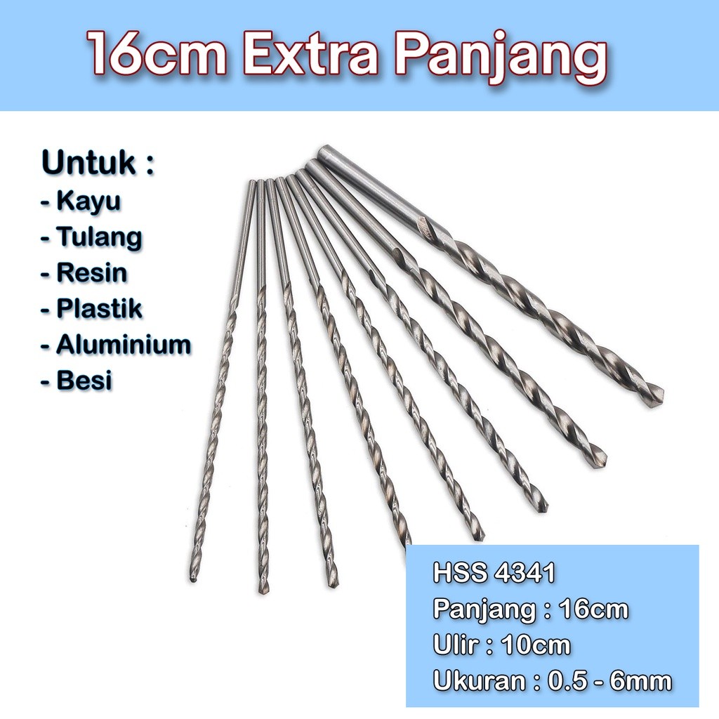 Mata bor HSS kayu besi 1mm 2mm 3mm 4mm 5mm 6mm 7mm 8mm panjang 12cm 16cm