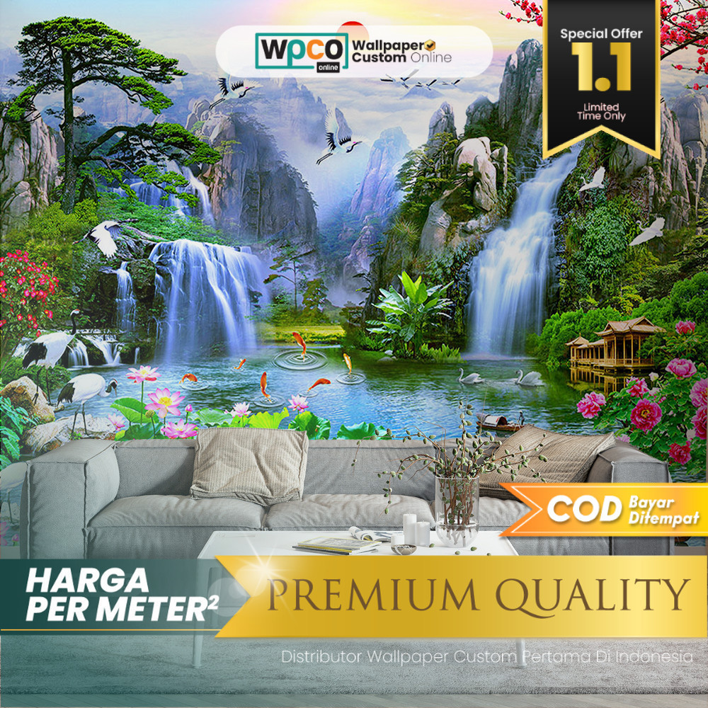 Wallpaper Custom Ruang Tamu Gambar Air Terjun Motif Nature Premium