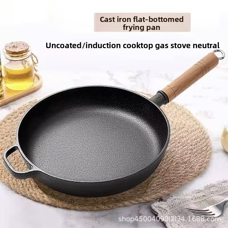 Cast iron flat bottomed pan, non stick pan, uncoated steak frying pan, gas stove, iron pan, old-fash