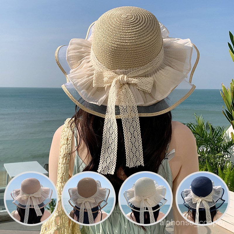 Lace Ribbon Sun Hat Korean Style Vacation Personality Straw Hat Outdoor Sun Hat for Women