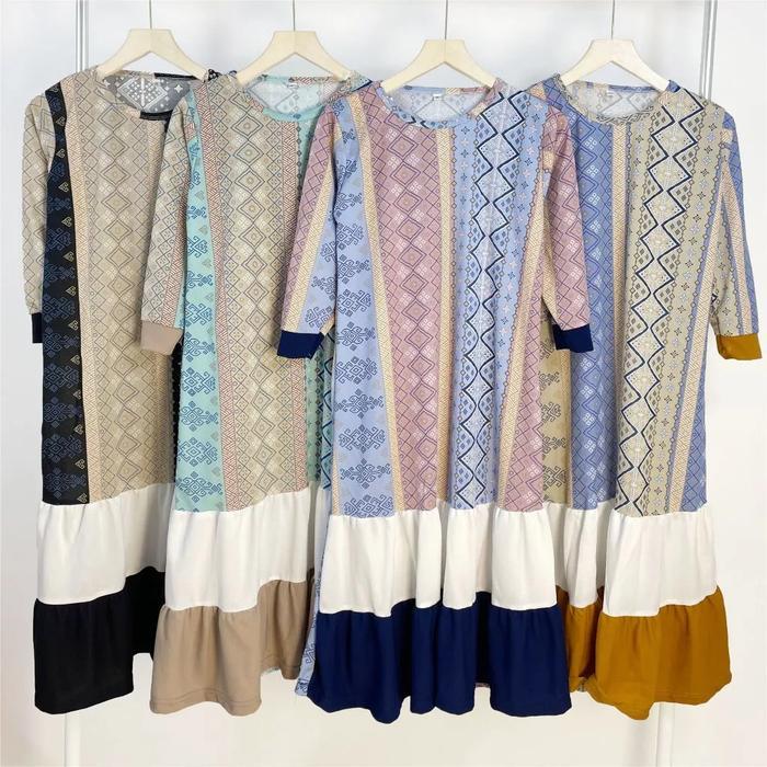 (3-11th) Gamis Anak Perempuan ￼Busana Muslim Anak Cewek Balita TK SD Motif Batik Retro Kombinasi Baj