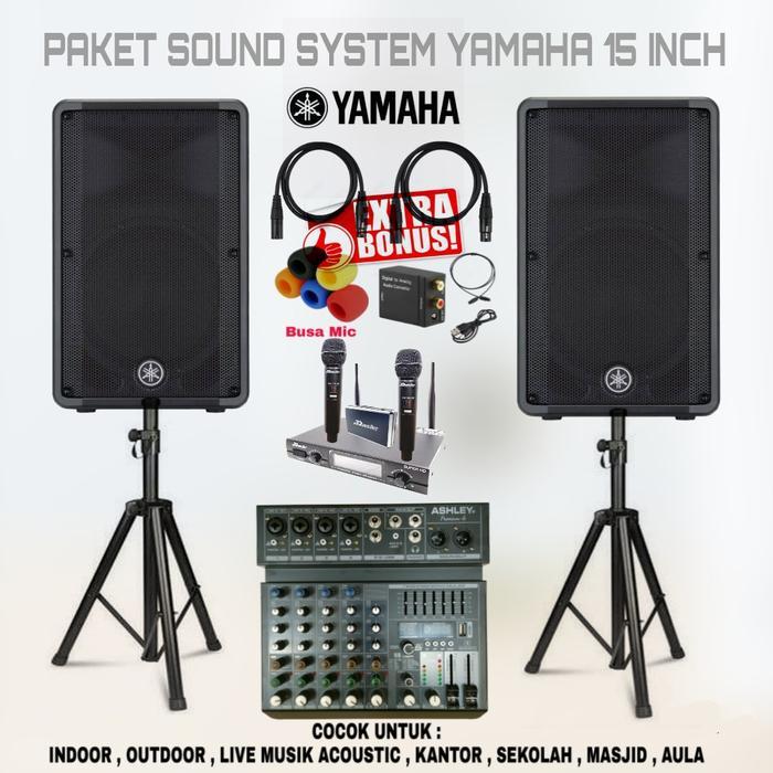 PAKET SOUND SYSTEM SPEAKER YAMAHA DBR 15 INCH AKTIF MIXER 6 CHANNEL USB BLUETOOTH MIC WIRELESS ORIGI