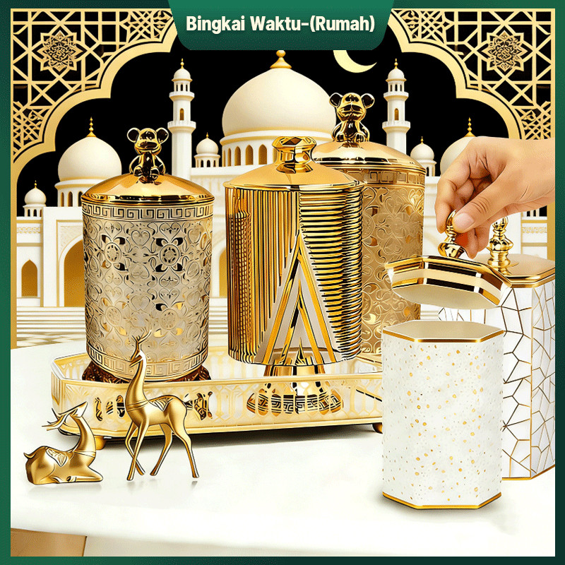 Toples Penyimpanan Emas Mewah Toples Kedap Udara Toples Mewah Aesthetic Toples Snack Emas Dekorasi R