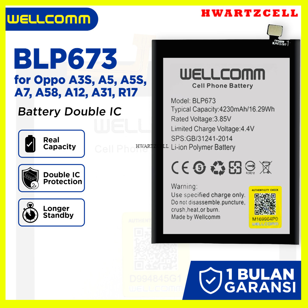 [HWARTZ] Wellcomm Baterai Oppo A3s A5s A7 A31 2020 C1 C2 BLP673 Double IC