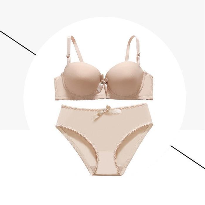 Bra Set Motif Polos Berkawat ( Bra + CD ) Wanita Setelan Wanita Premium - Hitam, 32/70B