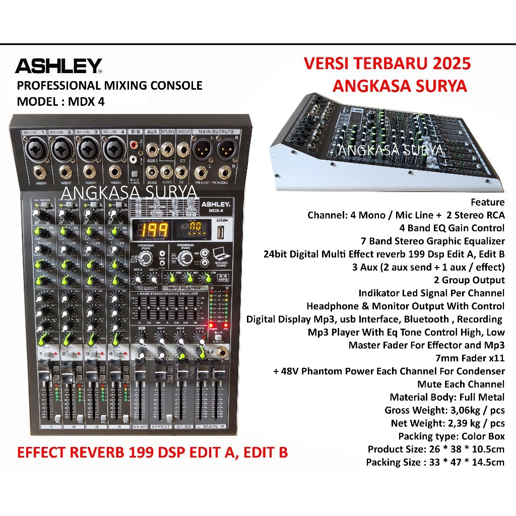 MIXER ASHLEY MDX 4 ORIGINAL / MIXER AUDIO 4 CHANNEL ASHLEY MDX4 ORIGINAL  EFFECT REVERB 199 DSP EDIT