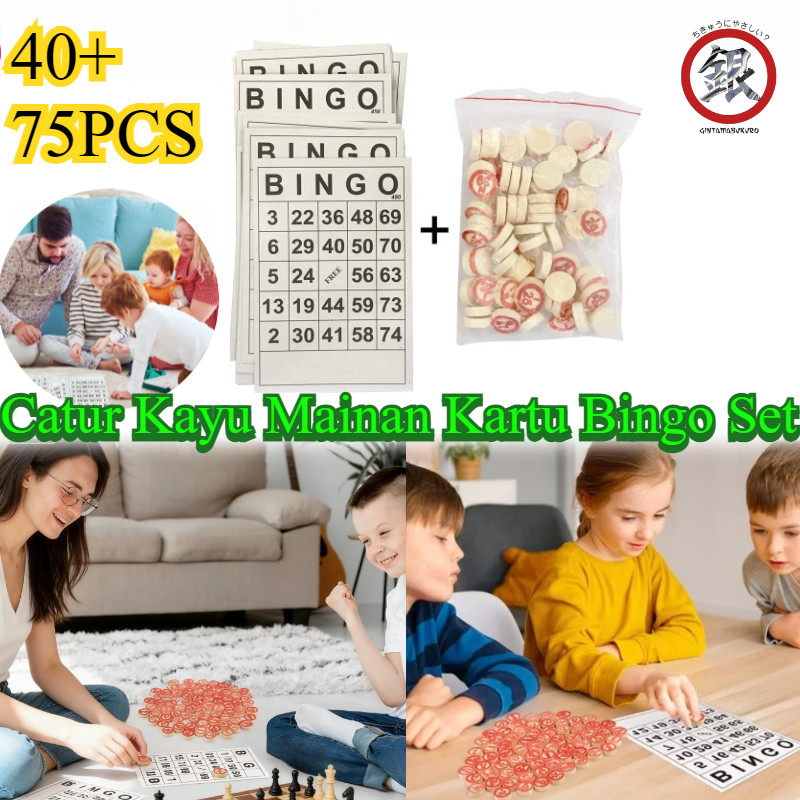 Catur Kayu Mainan Kartu Bingo Set/ 40 Buah Bingo Card Kartu Bingo Ukuran Besar Dengan 75 Buah Catur 