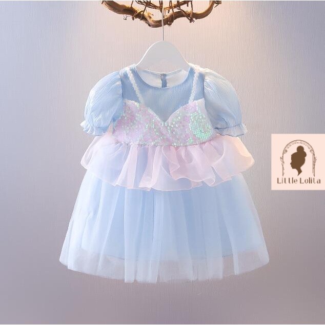 READY [COD] 0-3th Dress Anak import  PEPLUM SEQUIN DRESS GAUN KOREA - Baju Baby Bayi Anak Gaun Tile 