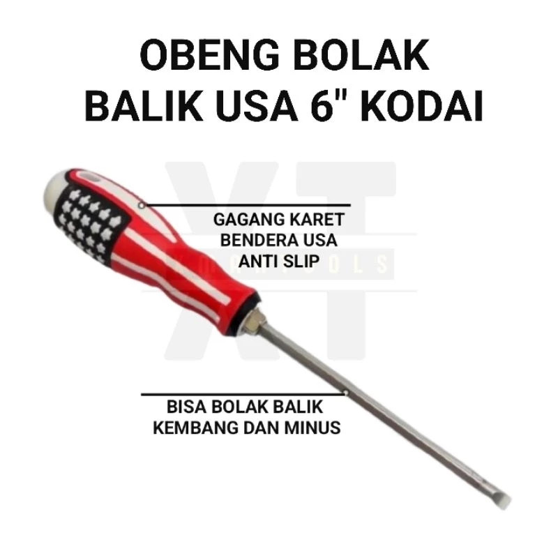 Obeng Magnet USA Bolak Balik 6 Inch Merk KODAI | Obeng KODAI Plus Minus Bolak Balik Amerika Size Bes