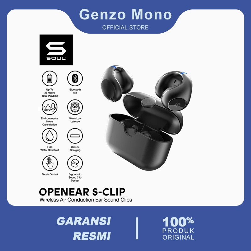 SOUL OpenEar S-Clip Earbud Nirkabel Konduksi Udara Open Ear TWS Hitam – Audio Imersif, 100% Original