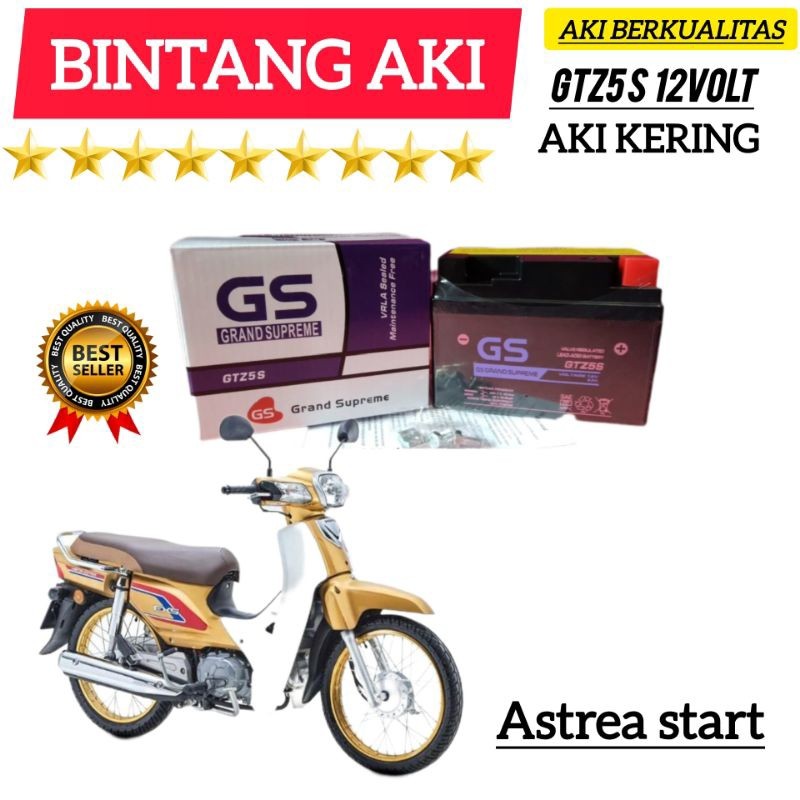 ALIANSHOP Aki Motor Astrea Start Aki Motor GS Grand Supreme Aki kering Accu kering GTZ5S 12 Volt 4Ah