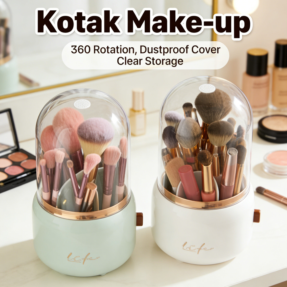 360° Kotak Make-up Putar Tempat Kuas Kosmetik Transparan Dengan Tutup Kuas Make Up Tempat