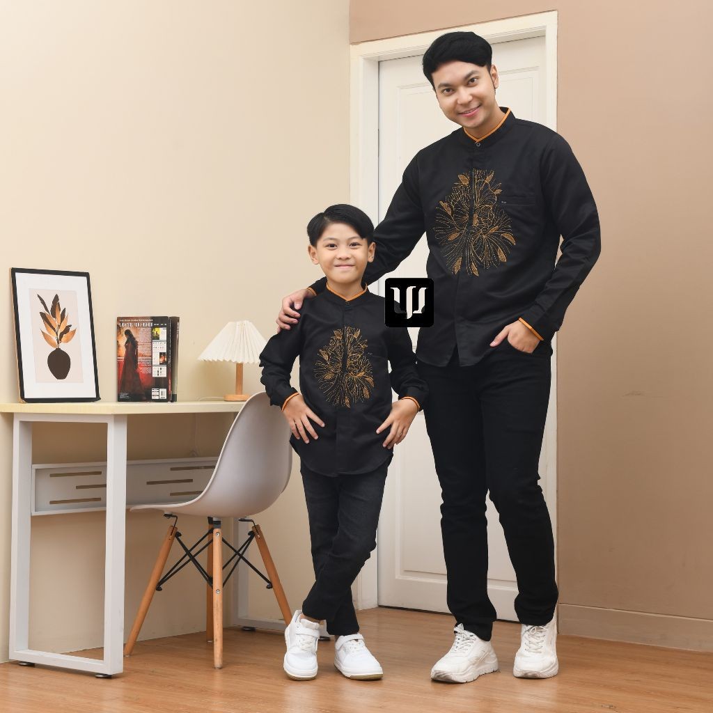 LOWESHOP Koko kurta couple ayah anak KHALFAN HITAM gold lengan panjang pendek bordir kombinasi katun