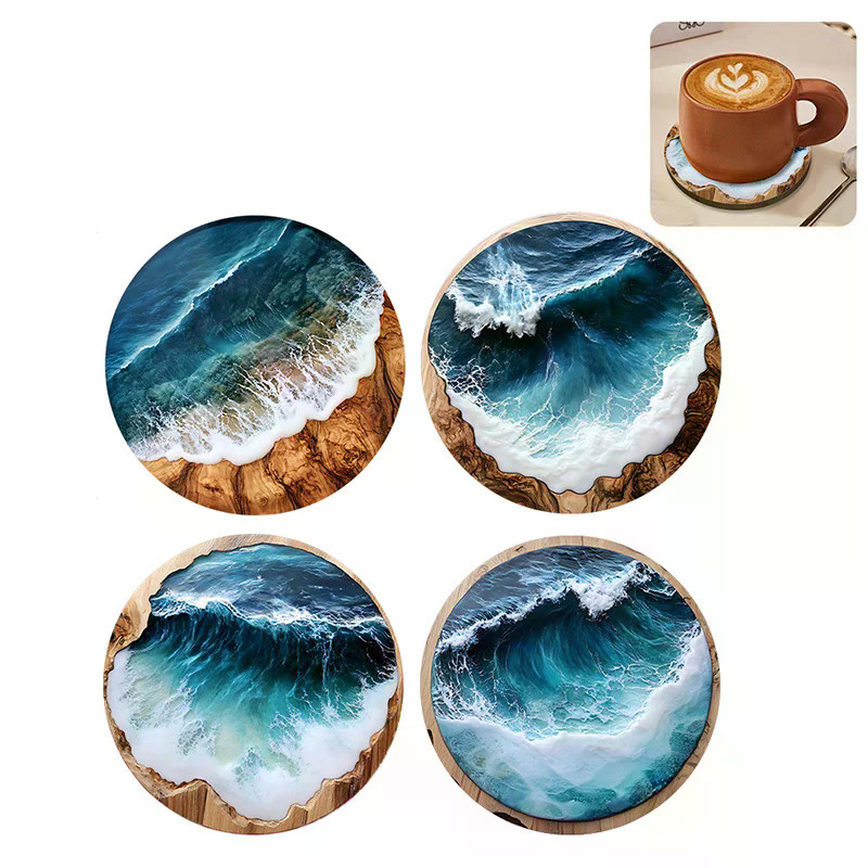 4PCS Blue Ocean Round Wooden Coasters & Placemats Set  Home, Cafe, Party Table Decor, Durable Drink 