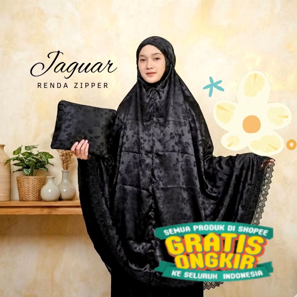 Mukena Dewasa Jaguar Silk Jumbo Hitam Renda Tile/ moment