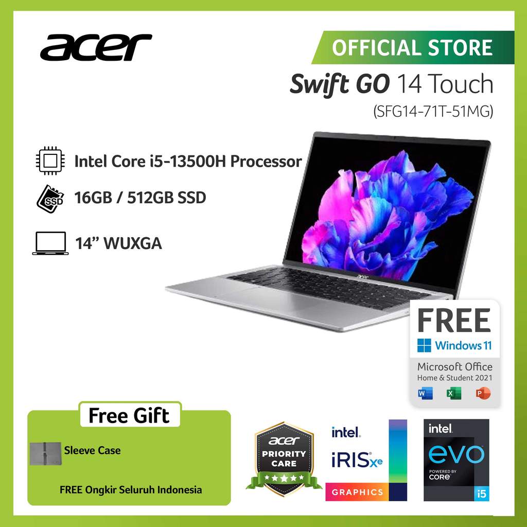 ACER LAPTOP SWIFT GO 14 TOUCH SFG14-71T-51MG 14" WUXGA INTEL EVO  I5-13500H RAM 16GB STORAGE 512GB S