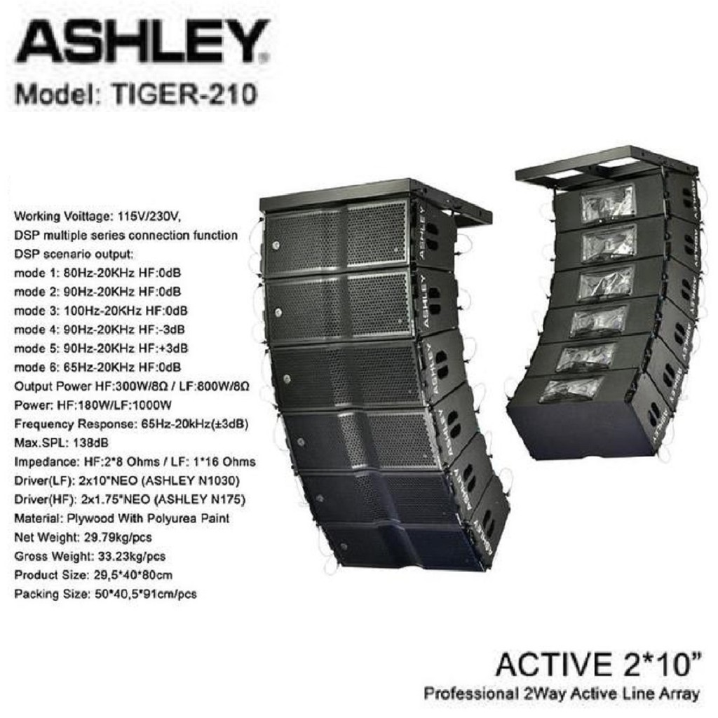 Speaker Aktif Line Array Ashley Tiger 210 2"x10" 2way active Harga 1pcs / 1Box ORIGINAL GARANSI