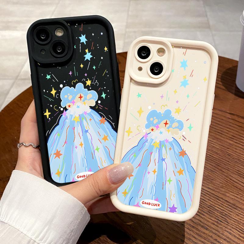 Soft Case For Iphone 15 Pro Max 12 Mini 13 14 16 17 Silicon TPU Seni Minimalis Gunung Berapi Kartun 