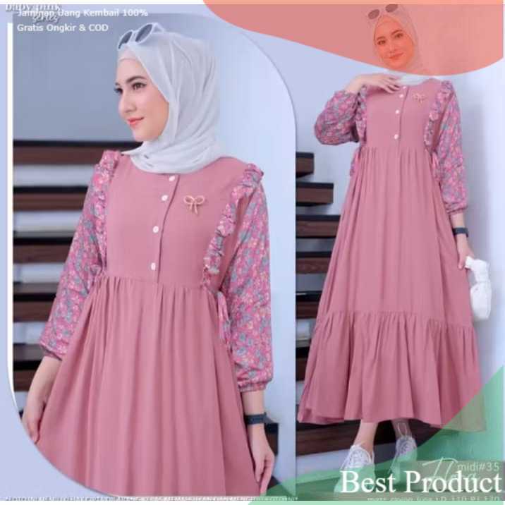 FREE ONGKIR GAMIS FLORA CRINKLE JUMBO LD 120 GAMIS LEBARAN TERBARU LENGAN BUNGA- pakaian wanita lain