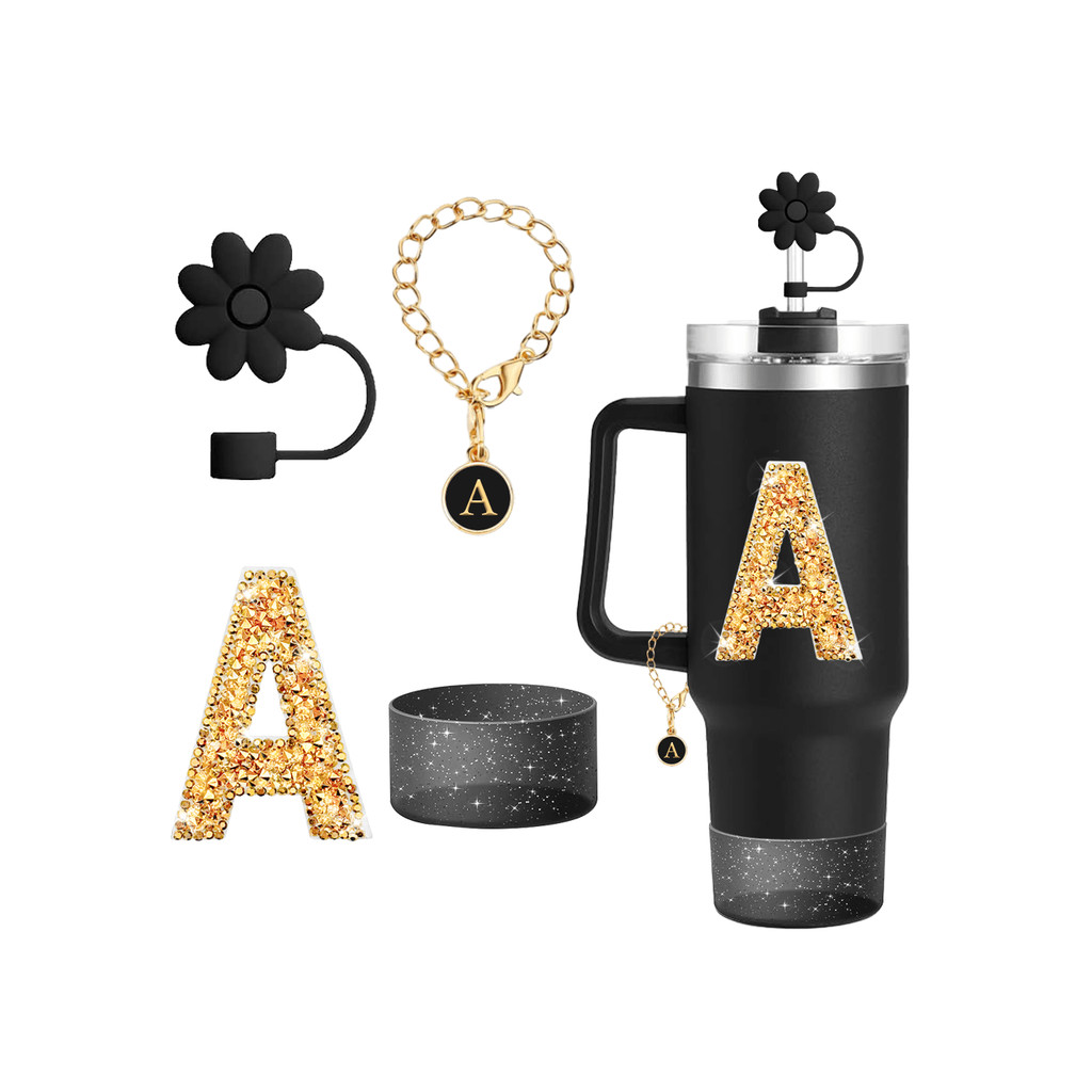 4Pcs Set for Stanley Cup Accessories,Inclung Initial Silicone Straw Lid, Name ID Letter,Self-adhesiv