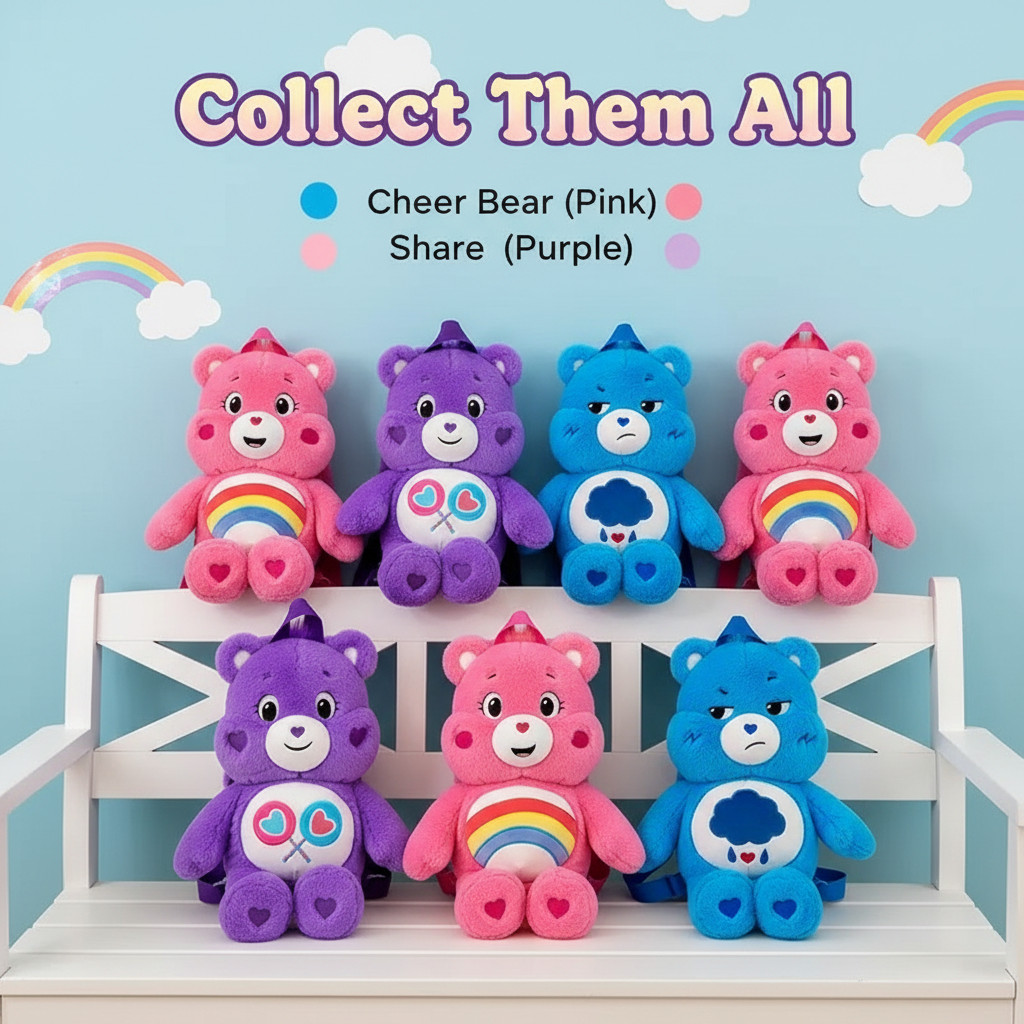 Official Care Bears Plush Backpack 15.7" - Cute Stuffed Animal & Sool Bag (Purple/Pink/Blue)