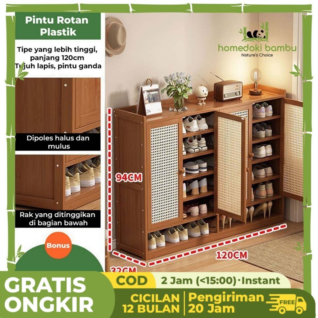 Homedoki Bambu - Lemari Sepatu Tertutup Rotan Minimalis/Lemari Sepatu Rotan Kayu Minimalis/Jaring be