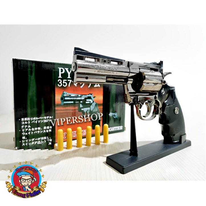 Korek Api Gas Model Pistol Besar Python 6 Peluru Plus Stand Tatakan / Korek Api Pistol mainan Peluru