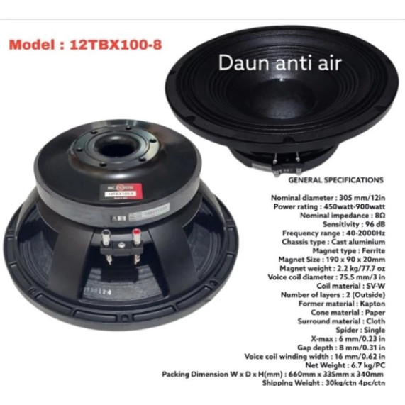 SPEAKER B&C 12TBX100 KOMPONEN BNC 12 TBX100 12 INCH VOICE COIL 3IN