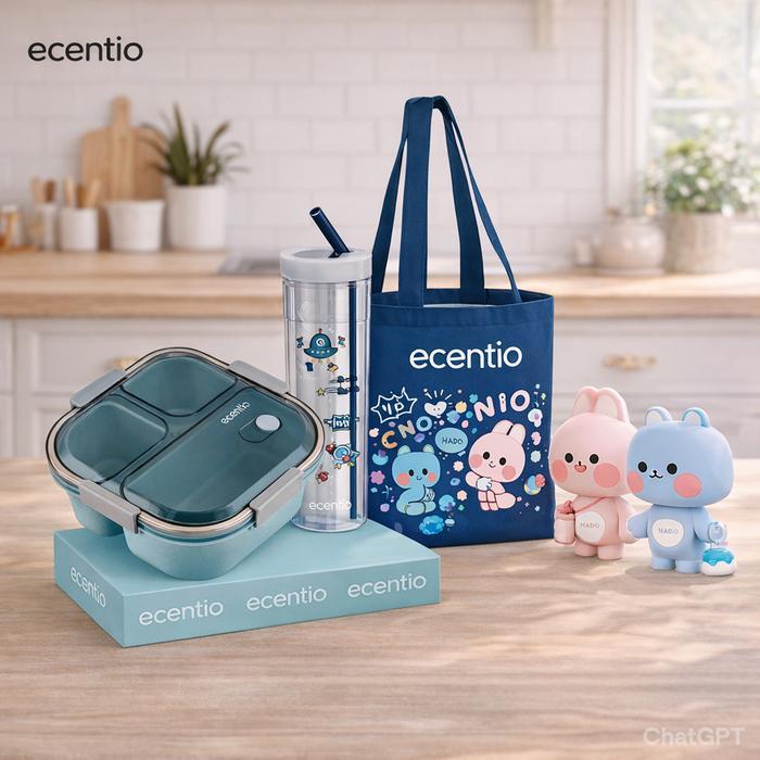 Lunch Box Set Ecentio - Lunch box 3 grid 1000ml, Botol Minum 780ml - Tote bag Ecentio - Lunch Box Se