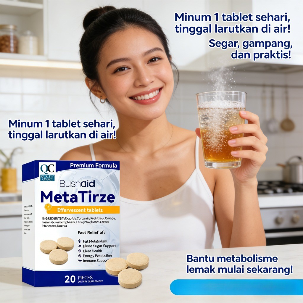 Bushaid MetaTirze Effervescent Tablets – Tablet Effervescent dengan Curcumin, Probiotik & 7 Herbal u