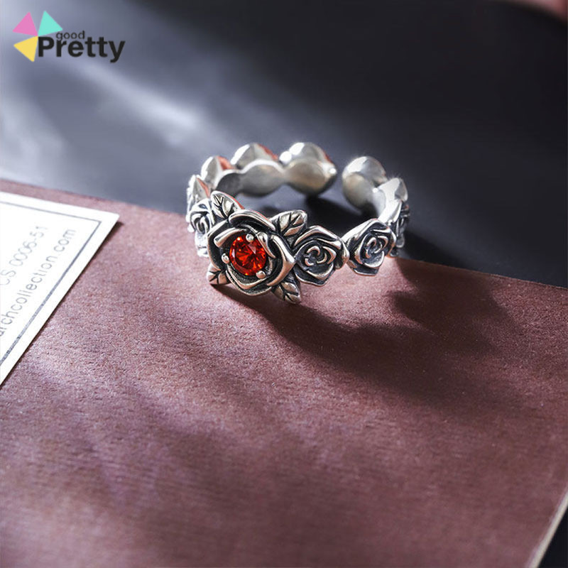 Terlaris Cod Cincin Mawar Perak 925 Dengan Batu Merah Cincin Pria Wanita Adjustable Titanium Anti