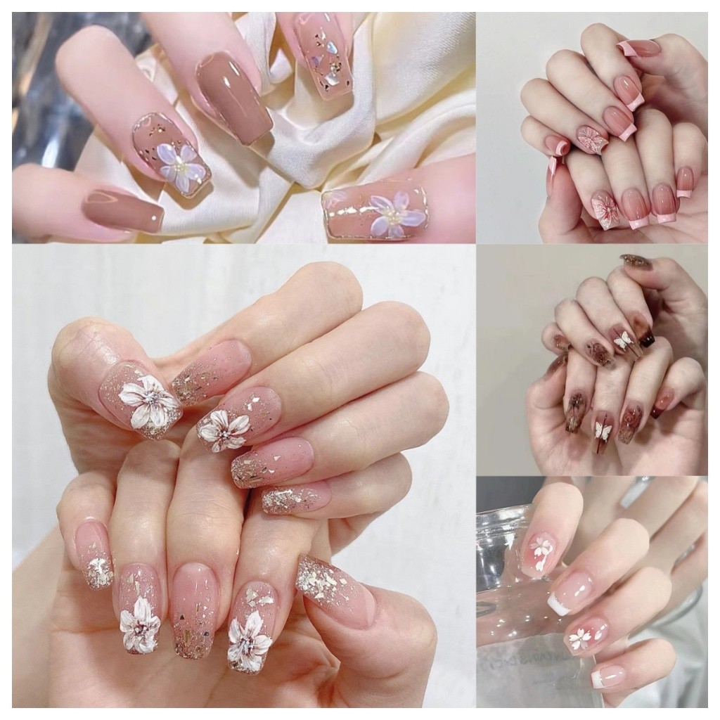 Set Kuku Palsu dengan Lem, Desain Kupu-kupu, Bunga, Pita, Berlian, Desain Seni Kuku, Hiasan Kuku Ber