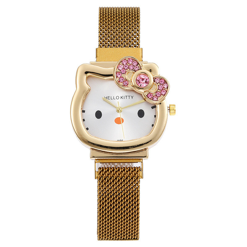 Jam Tangan Hello Kitty Sabuk Jaring Magnet Perak Emas Anak Perempuan Kuarsa
