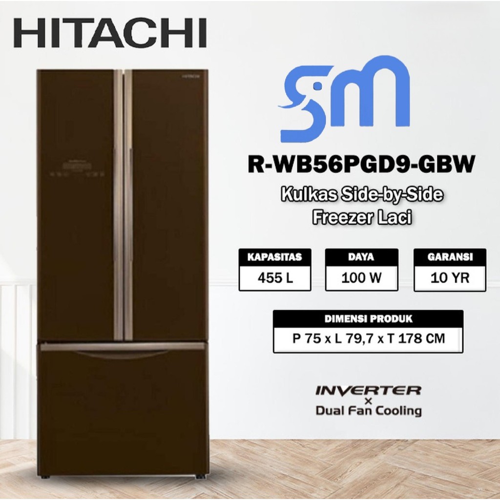 kulkas HITACHI R-WB56PGD9-GBW Kulkas 3 Pintu 455L Inverter Dual Fan Cooling