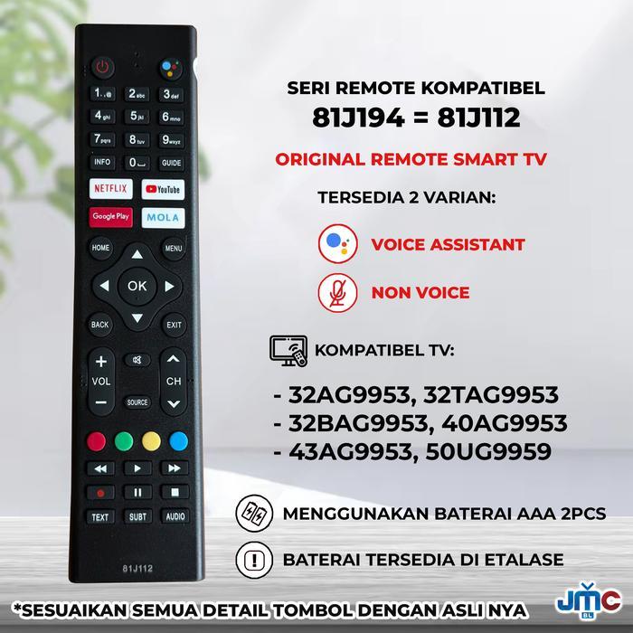Remote Android Smart TV 81J194 81i960 81J273 81J237 81J237M01 81J172 81J208 81J367 - 81J194 = 81J112