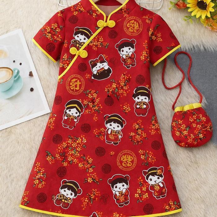 Cheongsam Baju Cina Dress Anak Perempuan Model Lurus Cantik Motif - Fashion - merah, 3-6 Bulan