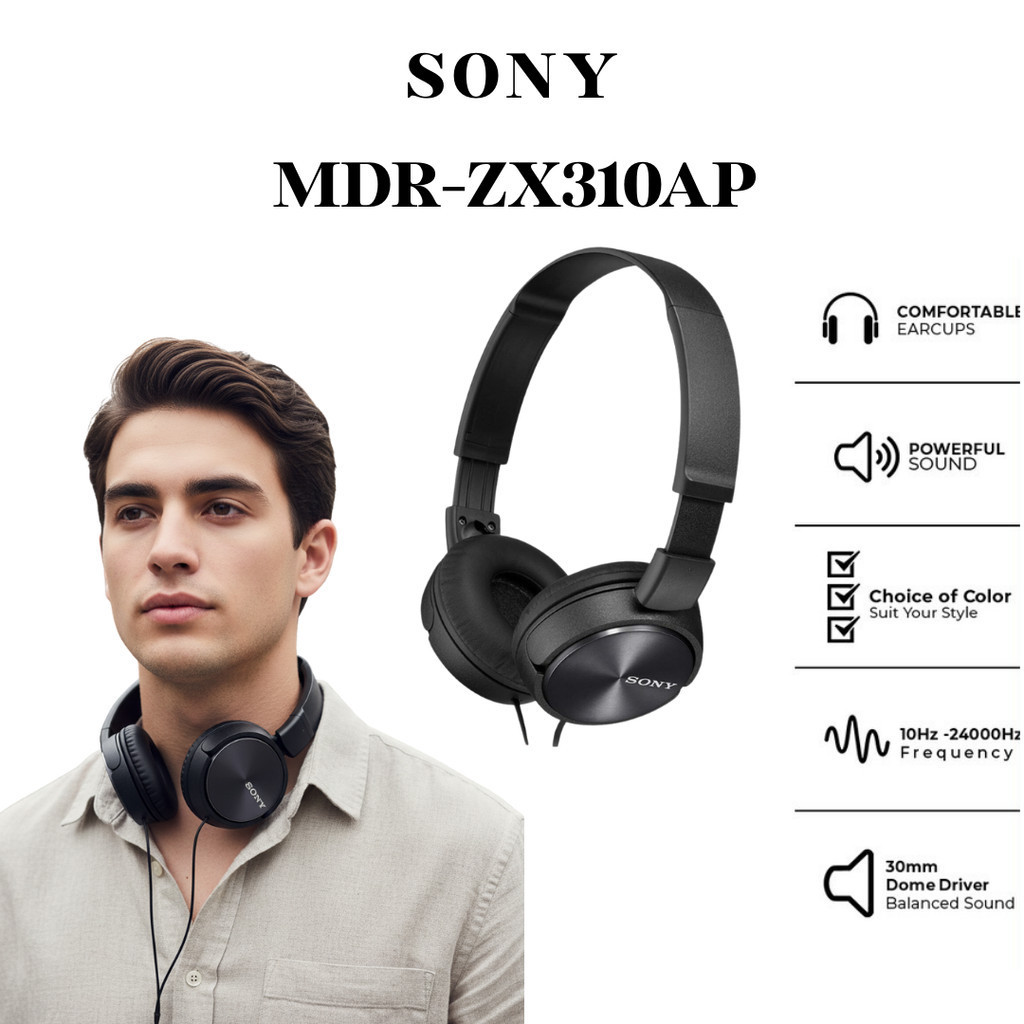 Sony MDR-ZX310AP Headphone Overband Original – Ringan 125g, Earcup Nyaman, Driver 30mm Ferrite, Mic 