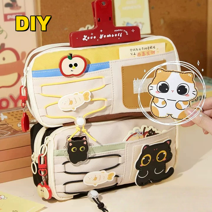 [COD]Kotak Pencil Pensil Case Patch Cute Lucu Kucing/Kotak Pensil Anak Kucing Hitam Lucu Dengan Velc