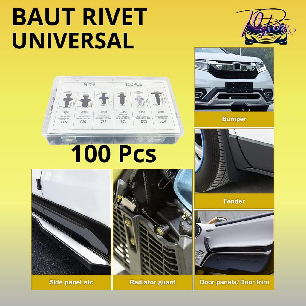 100pcs Baut Rivet Mobil / Universal Klip Bumper Baut Body Plastik Mobil / Universal Mobil Baut Plast