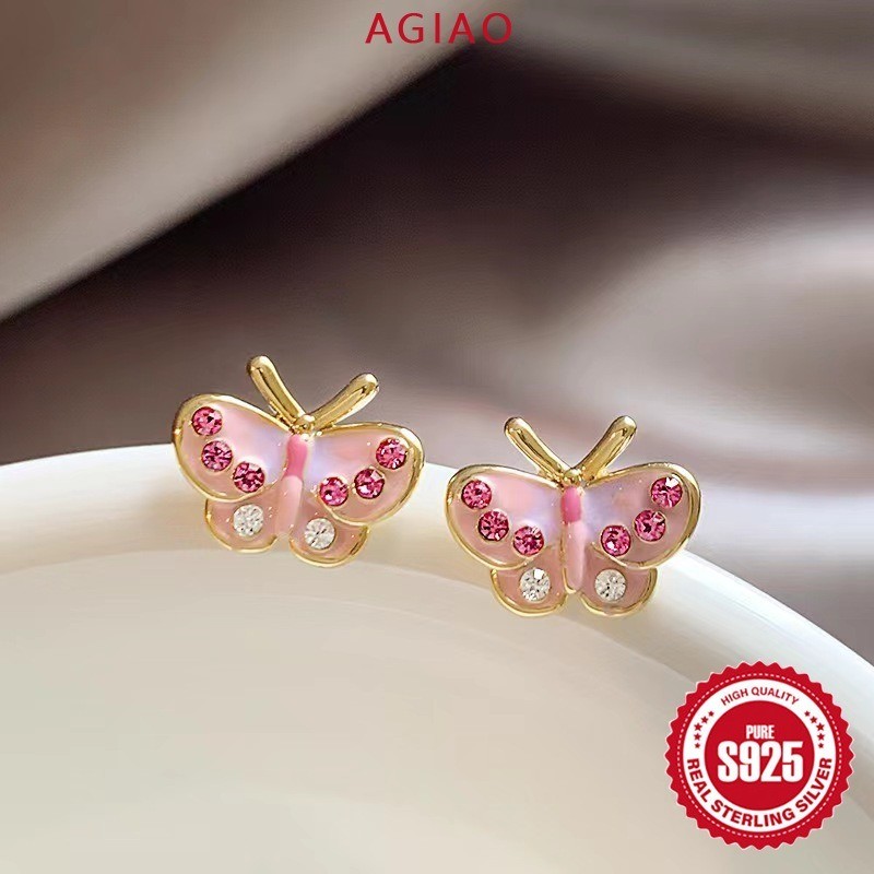 AGIAO Anting-anting Emas Berlapis Dengan Zirconia Warna 5A Kupu-Kupu Kecil Merah Muda Untuk Wanita