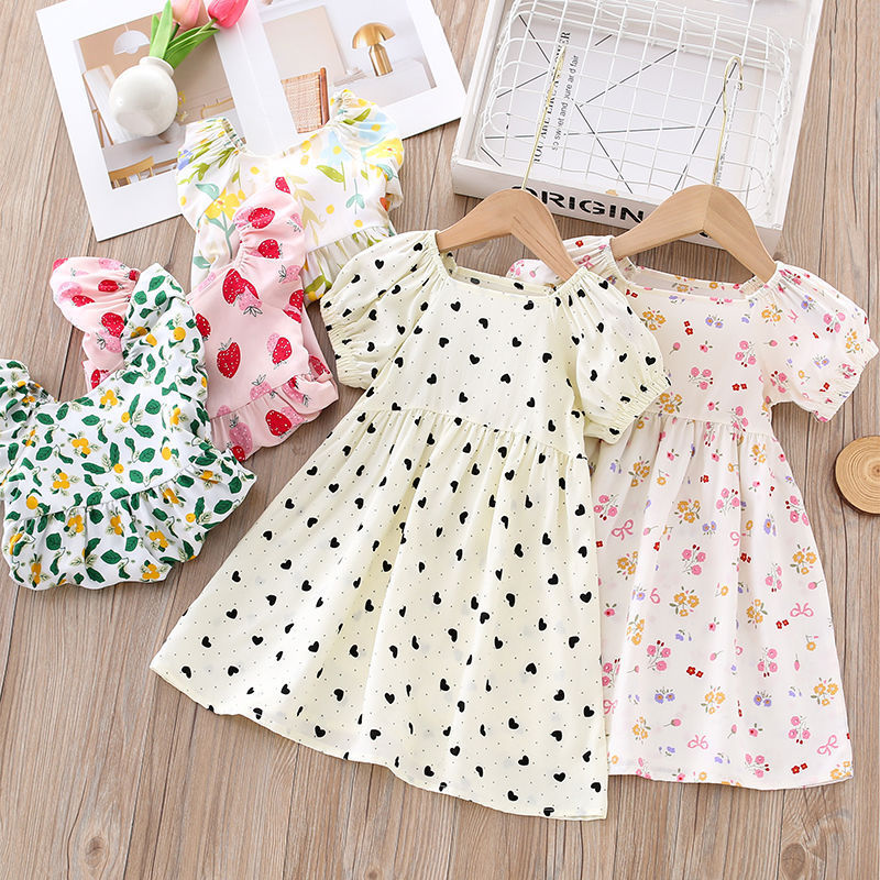 Gaun Sutra Katun Anak Perempuan Fashion Anak Gaya Eropa Lengan Puff Gaun Panjang Bunga